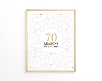 70 Reasons We Love You, 70th Birthday Decoration, Personalized, Seventy Bday gift, guest book, signature board, printable, Instant Download
