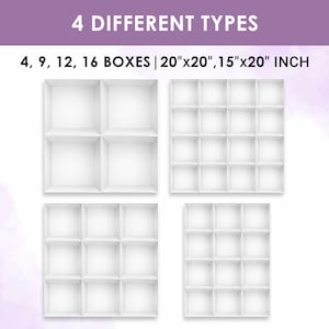 Könnte beinhalten: Vier verschiedene Arten von weißen, leeren Boxen werden angezeigt. Die Boxen sind in einem rasterartigen Muster angeordnet, mit jeweils 4, 9, 12 und 16 Boxen. Die Abmessungen betragen 50.8cm x 50.8cm und 38.1cm x 50.8cm. Der Text "4 DIFFERENT TYPES" steht oben.