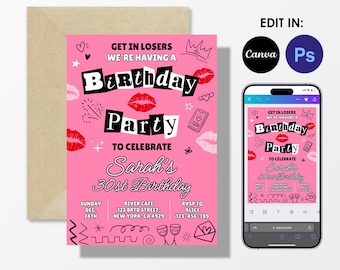 Mean Girls Birthday Invitation, Girl Pink Party invite, editable, 5x7'' , burn book theme, Canva, Photoshop, printable, INSTANT DOWNLOAD