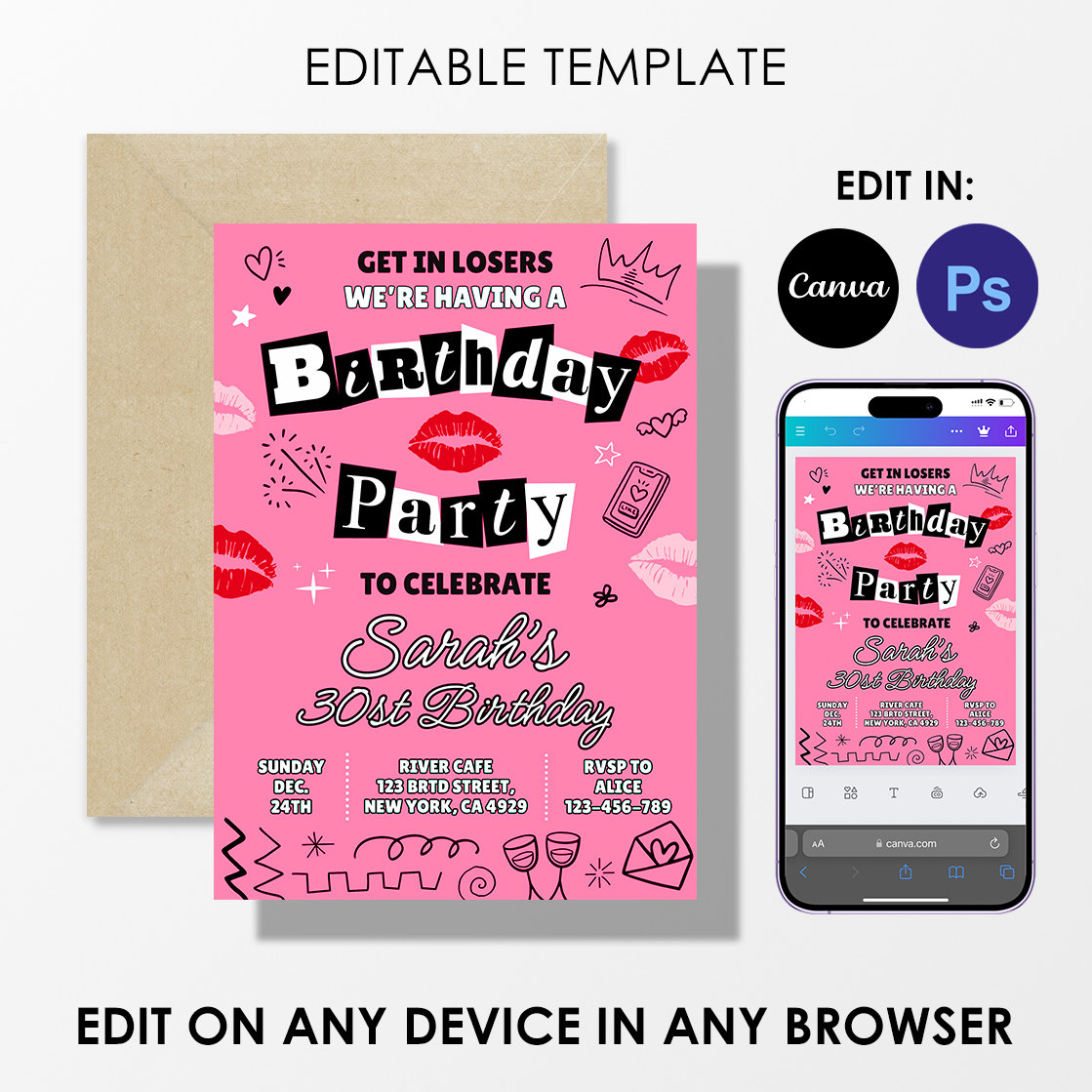 Invitación de cumpleaños de Mean Girls, invitación para fiesta de Girl Pink, editable, 5 x 7 '', tema de libro quemado, Canva, Photoshop, imprimible, DESCARGA INSTANTÁNEA