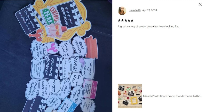 May include: A collection of paper photo booth props featuring various shapes and phrases inspired by the television show Friends. The set includes speech bubbles, clapperboards, a yellow picture frame, and icons like a lobster and a couch.