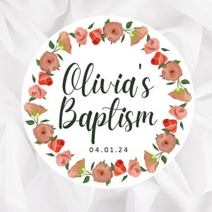 Circle Custom flower themed Baptism stickers. Mi bautizo labels. Baby blessing favor tags.