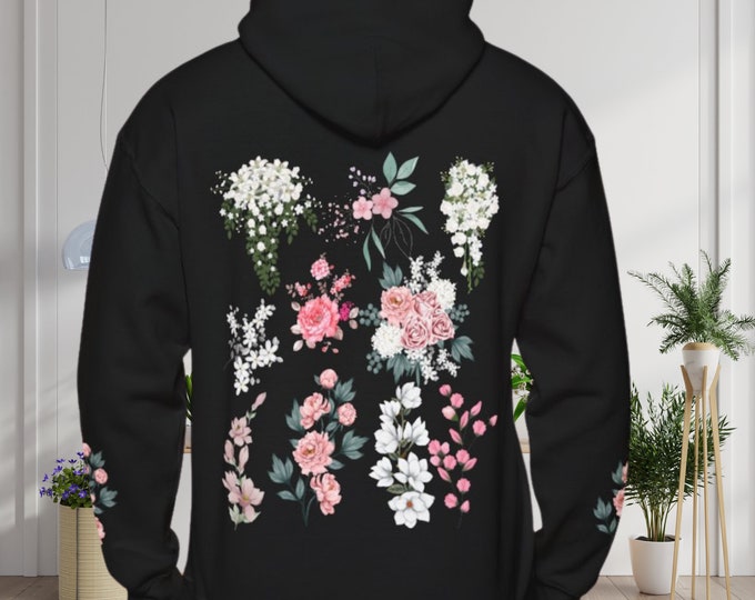 Hoodie mit Blumenmuster vorne und hinten Vintage gepresste Blumen Kapuze Wildblumen Sweatshirt Pastell Botanischer Blumen Pullover Boho Cottagecore