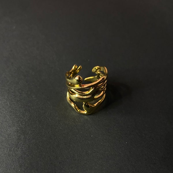 Bague or femme  ajustable irrégulière| Anneau réglable métal liquide fondu |Bijoux moderne & minimaliste |Golden ring