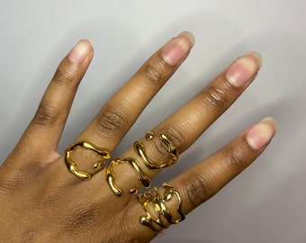 Gouden ring voor dames, minimalistisch onregelmatig roestvrij staal, gesmolten vloeibaar metaal, verstelbare abstracte fantasiering | Gouden ring | Smelt ringen