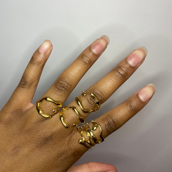 Bague or femme acier inoxydable irrégulière minimaliste  Métal liquide fondu Bague fantaisie abstraite ajustable | Golden ring | Melt rings