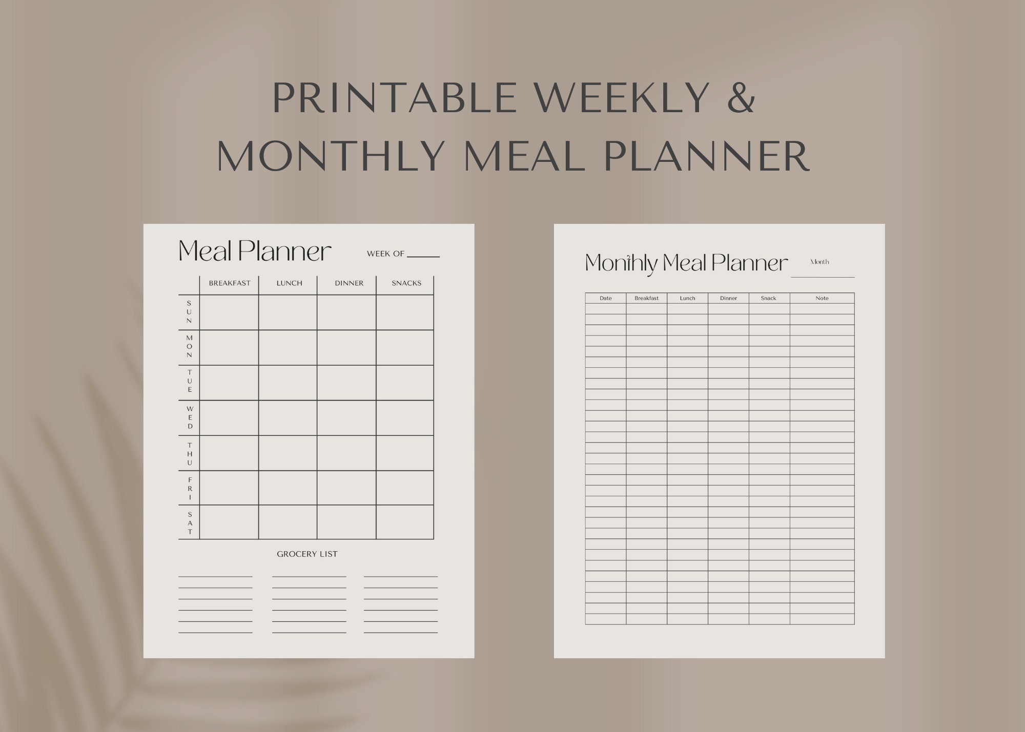 Printable Weekly & Monthly Meal Planner, Meal Tracker, Meal Prep