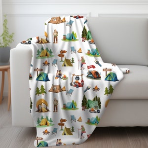 Camping Theme Plush Veleteen Blanket, Gift Blanket for Camping, New Campers Gift Blanket, Camping Graphic Blanket, Camping Accessories