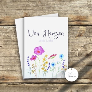 Biglietto di congratulazioni con fiori ad acquerello autodipinti "Dal cuore - Tutto il meglio" - biglietto di compleanno - biglietto di nozze - biglietto di ringraziamento - biglietto di auguri