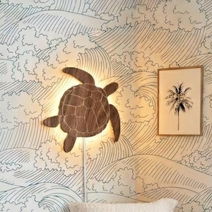 Gegraveerde houten schildpad wandlamp - Natuurlijk nachtlampje decoratie voor babykamer - Stijl aan zee