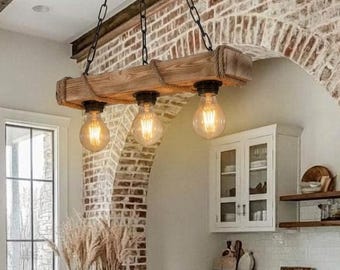 Rustic industrial-style rustic country chic wooden and rope pendant light with 3 E27 bulbs