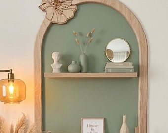 Kit de arco de pared de madera grabado con diseño de amapolas – Moldura decorativa estilo boho para habitación infantil, habitación de bebé y sala de estar – Decoración natural y ligera de 70x100 cm