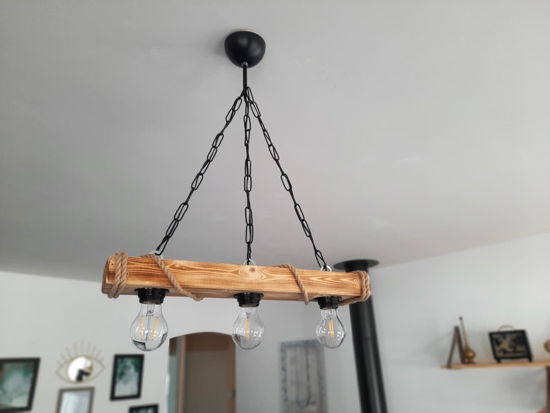 solenzo Lustre suspension en bois et corde style industriel rustique campagne chic 3 ampoules E27 image 4