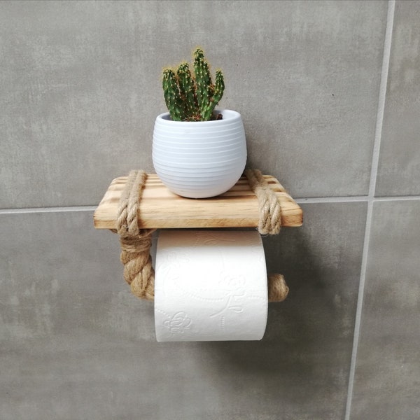 SOLENZO - Dérouleur Porte Papier Toilette avec étagère - Tablette en Bois et Corde pour téléphone ou déco