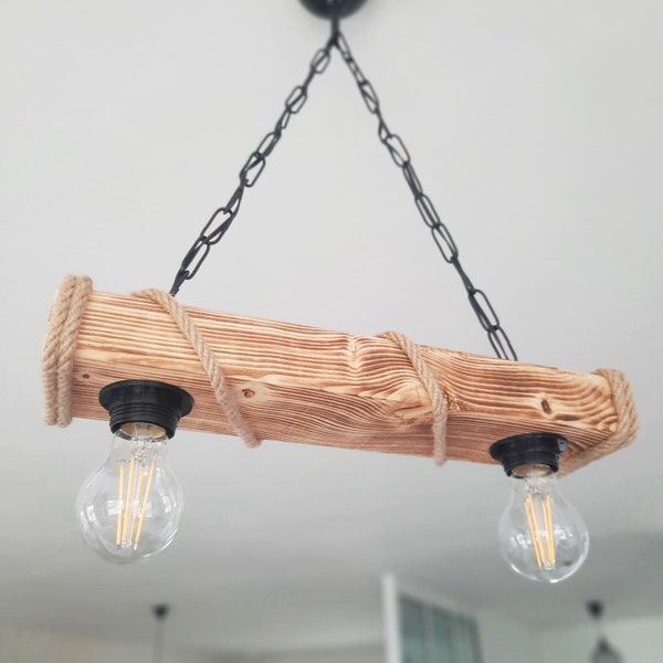 solenzo - Lustre suspension en bois et corde style industriel rustique campagne chic 2 ampoules (E27)
