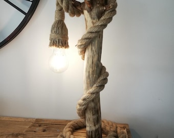 Lampe en bois naturel et corde style rustique nautique - E27