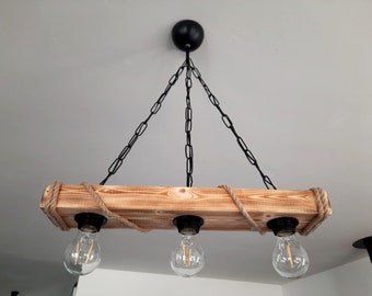 solenzo - Lampadario a sospensione in legno e corda in stile rustico industriale, country chic 3 lampadine (E27)