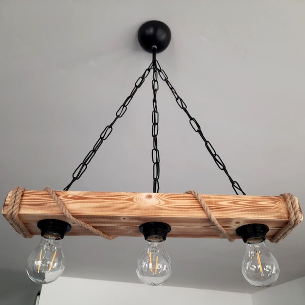 solenzo - Lustre suspension en bois et corde style industriel rustique campagne chic 3 ampoules (E27)