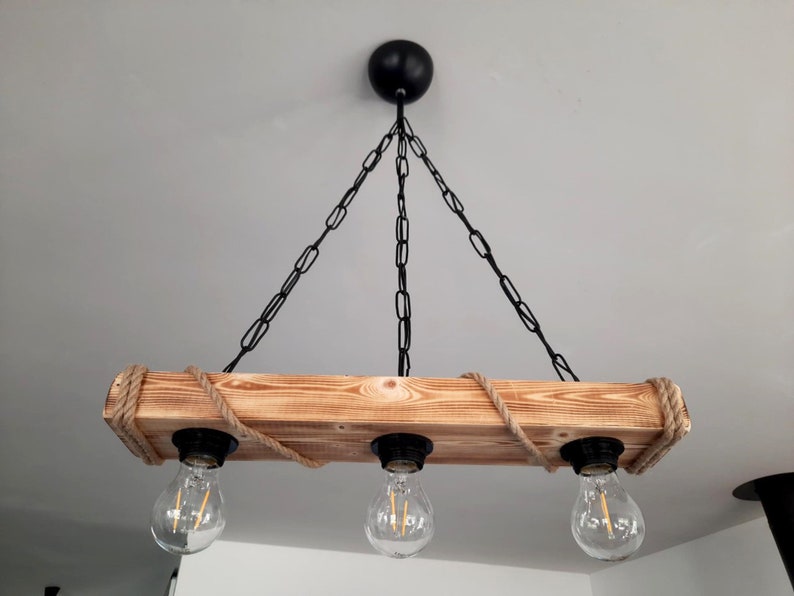 solenzo Lustre suspension en bois et corde style industriel rustique campagne chic 3 ampoules E27 image 1