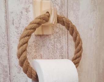 Solenzo - Rope and Wood Toilet Paper Holder - Towel Holder - Attached with adhesive