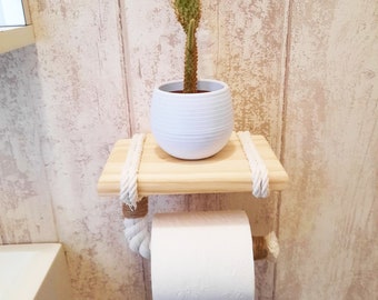 SOLENZO - Dérouleur Porte Papier Toilette avec étagère - Tablette en Bois et Corde Blanche pour téléphone ou déco - Fabrication Francaise
