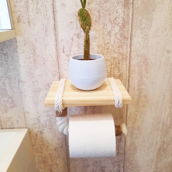 SOLENZO - Dérouleur Porte Papier Toilette avec étagère - Tablette en Bois et Corde Blanche pour téléphone ou déco - Fabrication Francaise