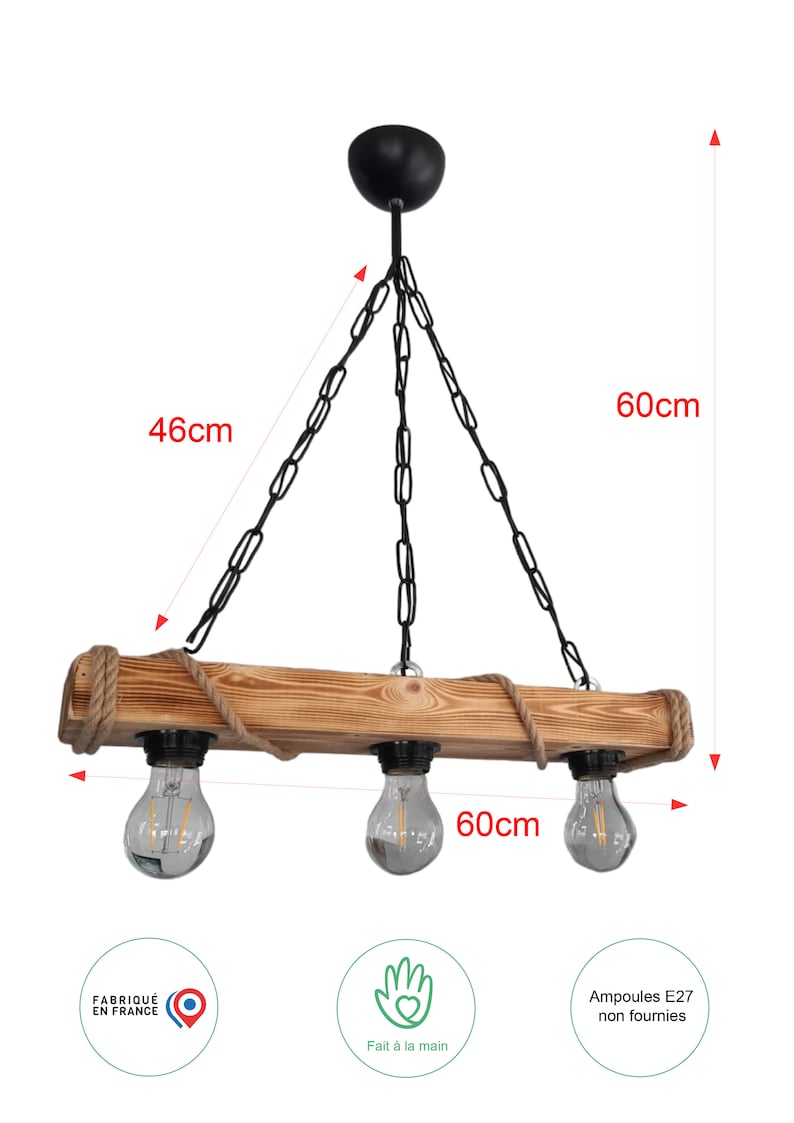 solenzo Lustre suspension en bois et corde style industriel rustique campagne chic 3 ampoules E27 image 7