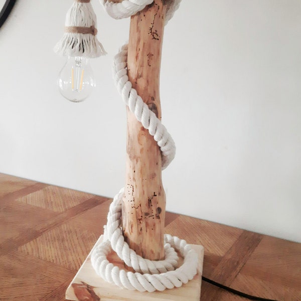 Solenzo - Lampe en bois naturel et corde blanche - style rustique nautique - E27 - Fabrication Française