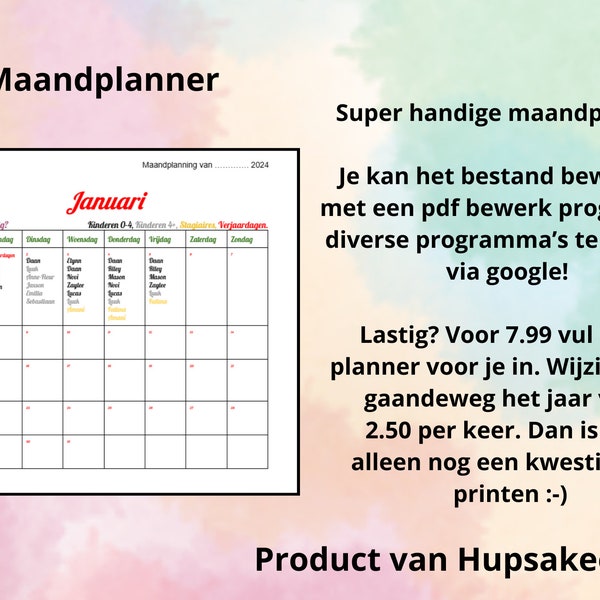 Maandplanner. Handig voor in de gastouderopvang en kleinschalig kinderopvang.