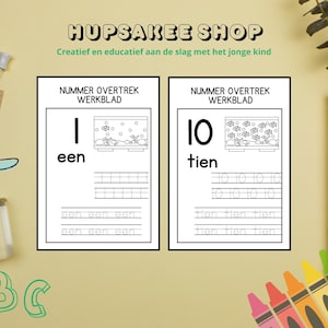 Op de afbeelding: Twee zwart-wit werkbladen met de nummers 1 en 10, met illustraties van aquaria. De werkbladen zijn ontworpen voor het overtrekken van cijfers en woorden. De afbeelding bevat ook een schaar, kleurpotloden en de tekst "HUPSAKEE SHOP".