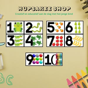 Cijfer herkenning en tellen. Samen werken aan de educatie van het kind. Visueel samen de objecten tellen en het cijfer er duidelijk naast.