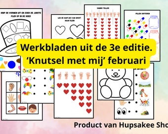 Werkbladen 3e editie. 'Knutsel met mij' februari. Thema carnaval, valentijn, ziek, mijn lijf