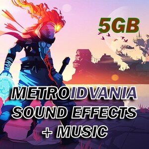 Puede incluir: Imagen de arte digital que presenta un personaje con la cabeza en llamas y un casco futurista, sosteniendo un arma y un orbe brillante. El texto dice "METROIDVANIA SOUND EFFECTS + MUSIC" con un gráfico de "5GB".