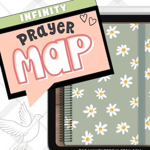 Puede incluir: Un cuaderno con un estampado de margaritas y las palabras "INFINITY PRAYER MAP" en un bocadillo. El cuaderno es verde con margaritas blancas y tiene encuadernación en espiral. La dirección del sitio web se muestra en la parte inferior.