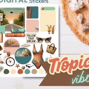 May include: Digital stickers with a tropical theme. The stickers feature a variety of images, including palm trees, a beach scene, a bicycle, a swimsuit, sunglasses, a beach bag, and a cocktail. The text "Tropical vibes" is written in a retro font.
