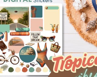 Tropical Vibes Digital Stickers for GoodNotes | Summer Clipart for Digital Planners | Fun Beach Aesthetic | Bright & Colorful PNG | Vacation