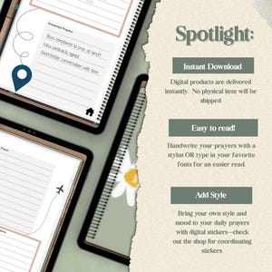 Close-up of prayer map pages on digital tablets highlighting instant access, handwriting options, and stylish design