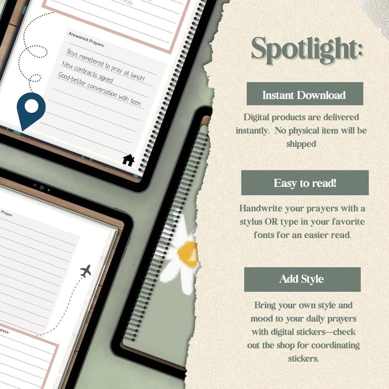 Close-up of prayer map pages on digital tablets highlighting instant access, handwriting options, and stylish design