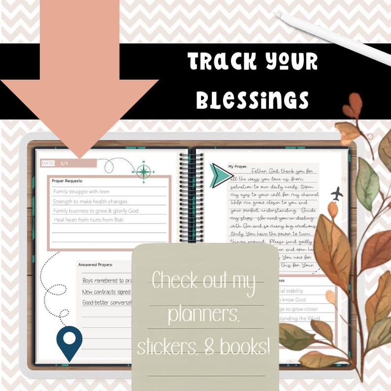 Example of completed prayer journal pages tracking blessings and personal prayers in digital planner with handwritten notes
