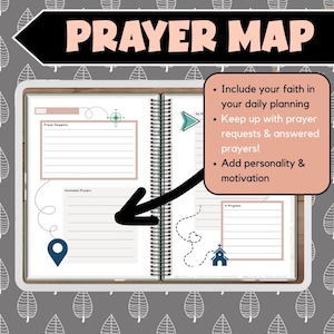 Prayer map pages displayed with matching planners and stickers; text highlights coordinating faith-based digital products