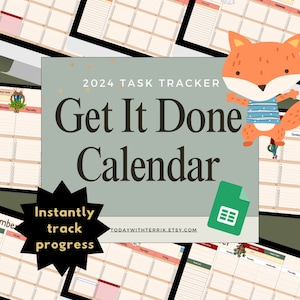 Può includere: Un calendario digitale con un'illustrazione di una volpe e il testo "2024 TASK TRACKER Get It Done Calendar" su uno sfondo verde. Il calendario è visualizzato su uno schermo di computer e mostra i mesi di gennaio, ottobre e dicembre. Il testo "Instantly track progress" è anche visualizzato sull'immagine.