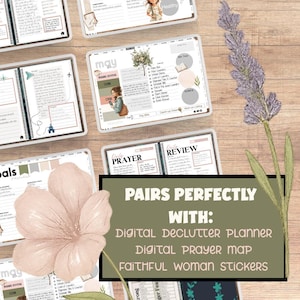 Flatlay of digital planner with floral cover and journal pages showing product features like infinity pages and printable stickers