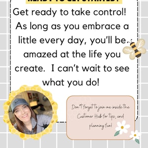 Puede incluir: Gr&aacute;fico motivacional con el texto "READY TO GET STARTED?" y un mensaje sobre tomar el control y crear una vida. Incluye una foto de una mujer y una ilustraci&oacute;n de abeja. El fondo es un patr&oacute;n de cuadr&iacute;cula.