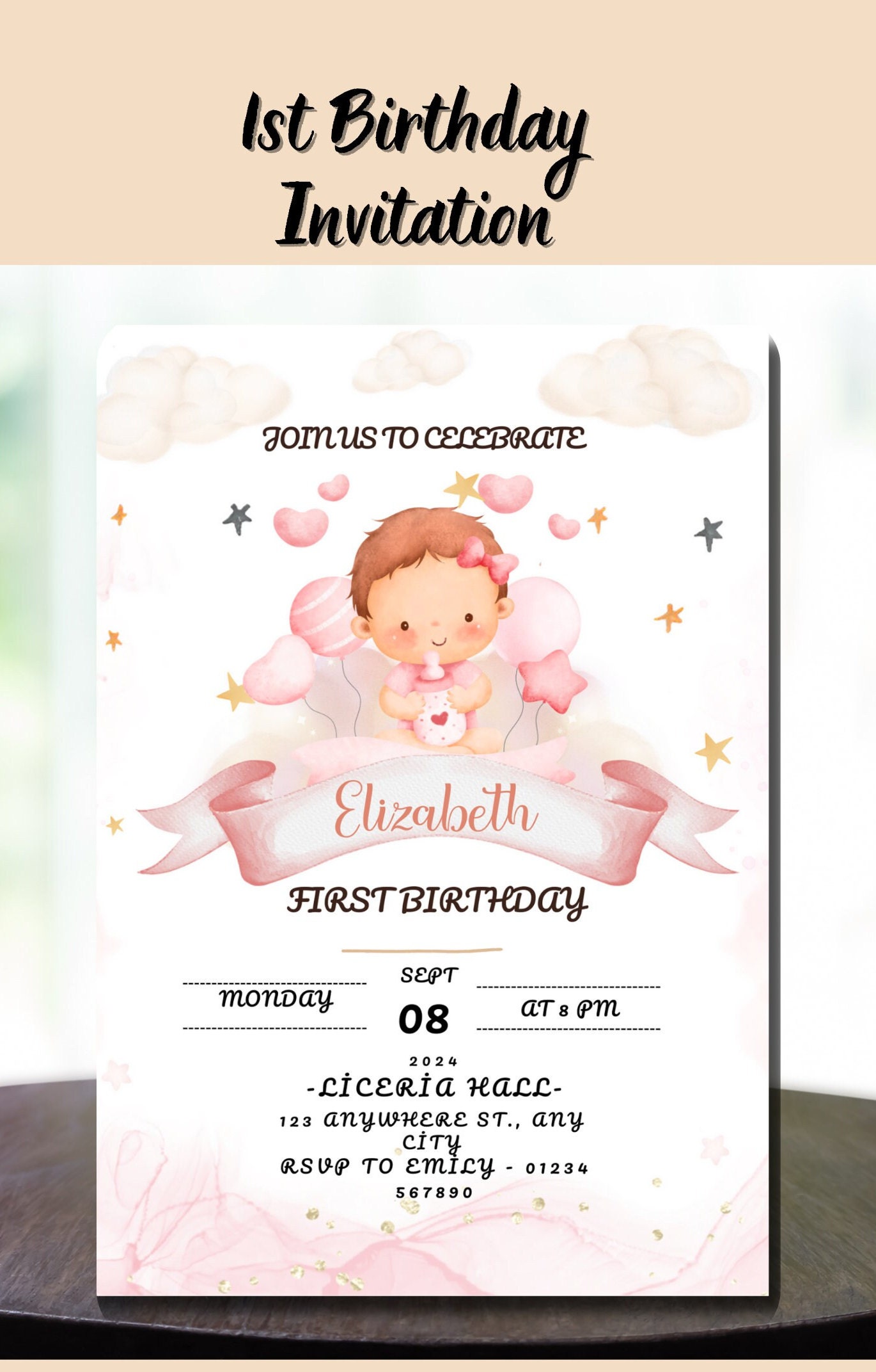 Editable Baby Theme One Year Birthday Invitation, Printable Invitation ...