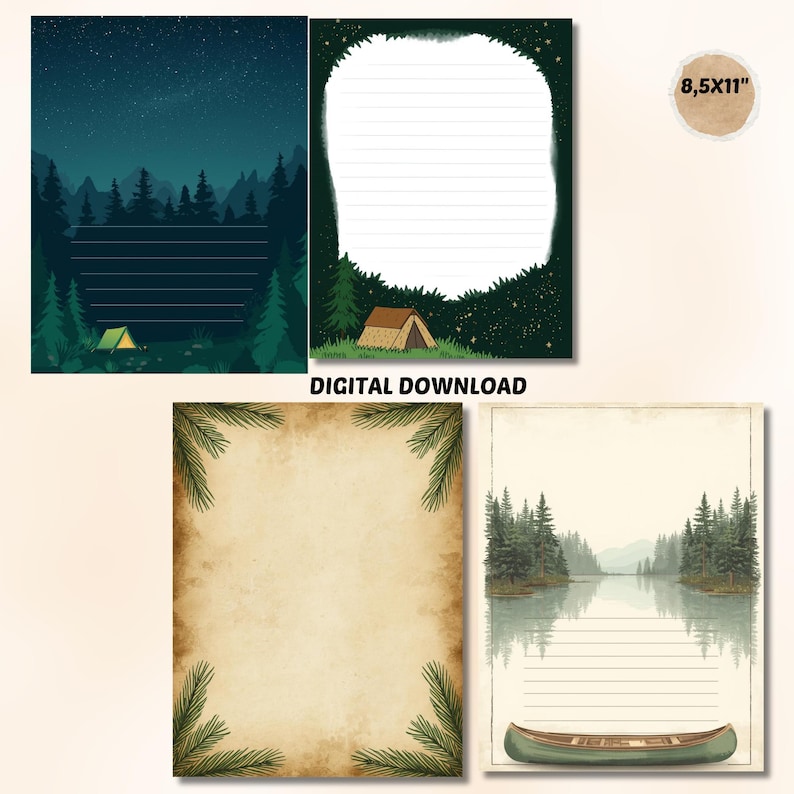 May include: A collection of four stationery sheets with nature-themed illustrations. Designs include a starry night forest scene, a campsite, a lake with a canoe, and a rustic paper with pine branches. The text "DIGITAL DOWNLOAD" and "8.5x11" are also visible.