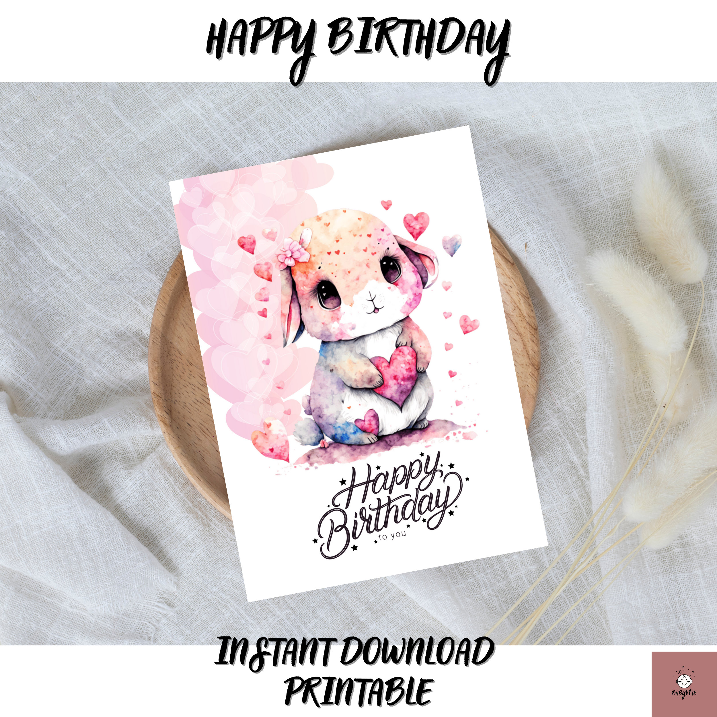 Bunny Themed Happy Birthday Card Happy Birthday Card 5x7 in &amp; 7x5 In ...