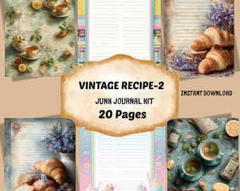 Vintage Recipe Junk Journal Kit: 20 Printable Pages,  (Digital Download)