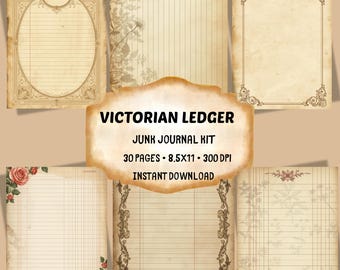 Victorian Ledger Junk Journal Seiten, 30 Vintage druckbare Blätter