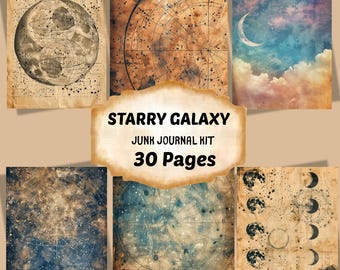 Starry Galaxy Junk Journal Kit, 30 Celestial Pages Printable (Digital Download)