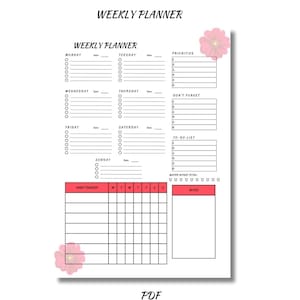 Blumen Wochenplaner, Habit Tracker, Prioritäten, Notizen, digitaler Download, PDF-Format in mehreren Größen, A3, A4, A5, Letter Größen